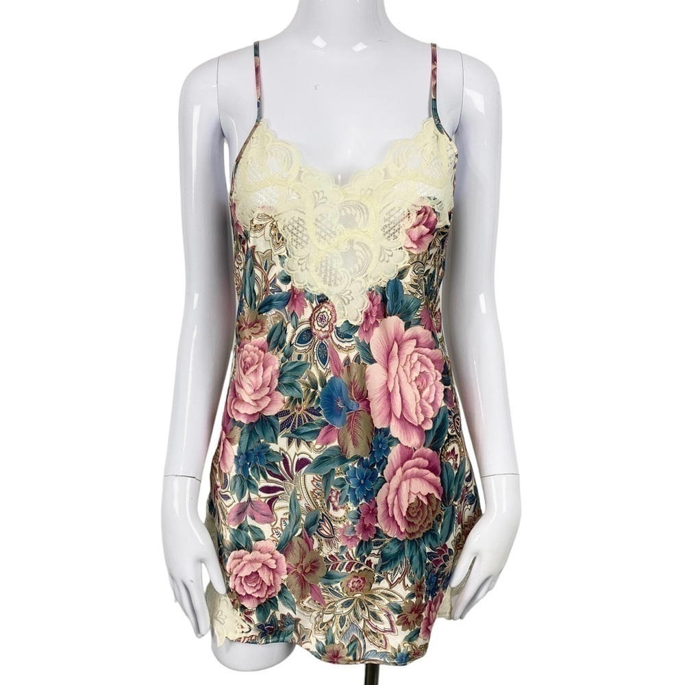 Vtg 90s Victoria's Secret Gold label Floral Lace Chemise Slip Mini Dress  XSP